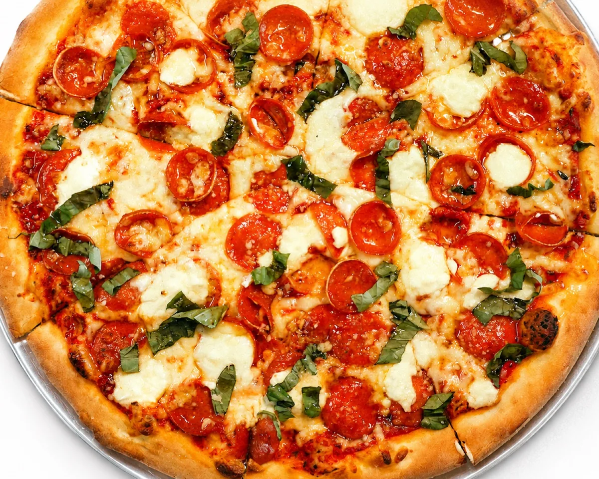 KnB Hot Honey pizza with cup and char pepperoni, ricotta and fresh basil